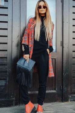 Rebellious Fashion Red Tartan Long Blazer - Kerrie