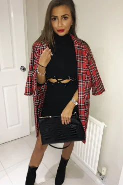 Rebellious Fashion Red Tartan Long Blazer - Kerrie