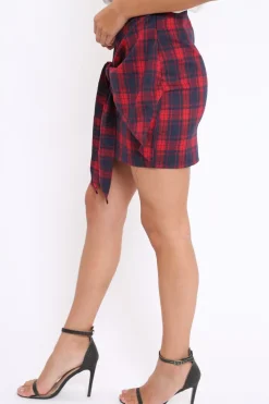 Rebellious Fashion Red Tartan Tie Front Mini Skirt - Tyne
