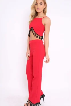 Rebellious Fashion Red Tassel Hem Co-ord Set - Kaylyn