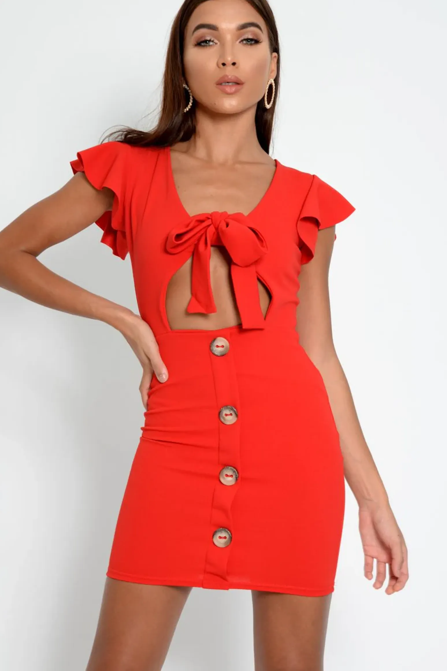 Rebellious Fashion Red Tie Button Front Bodycon Dress - Aaira