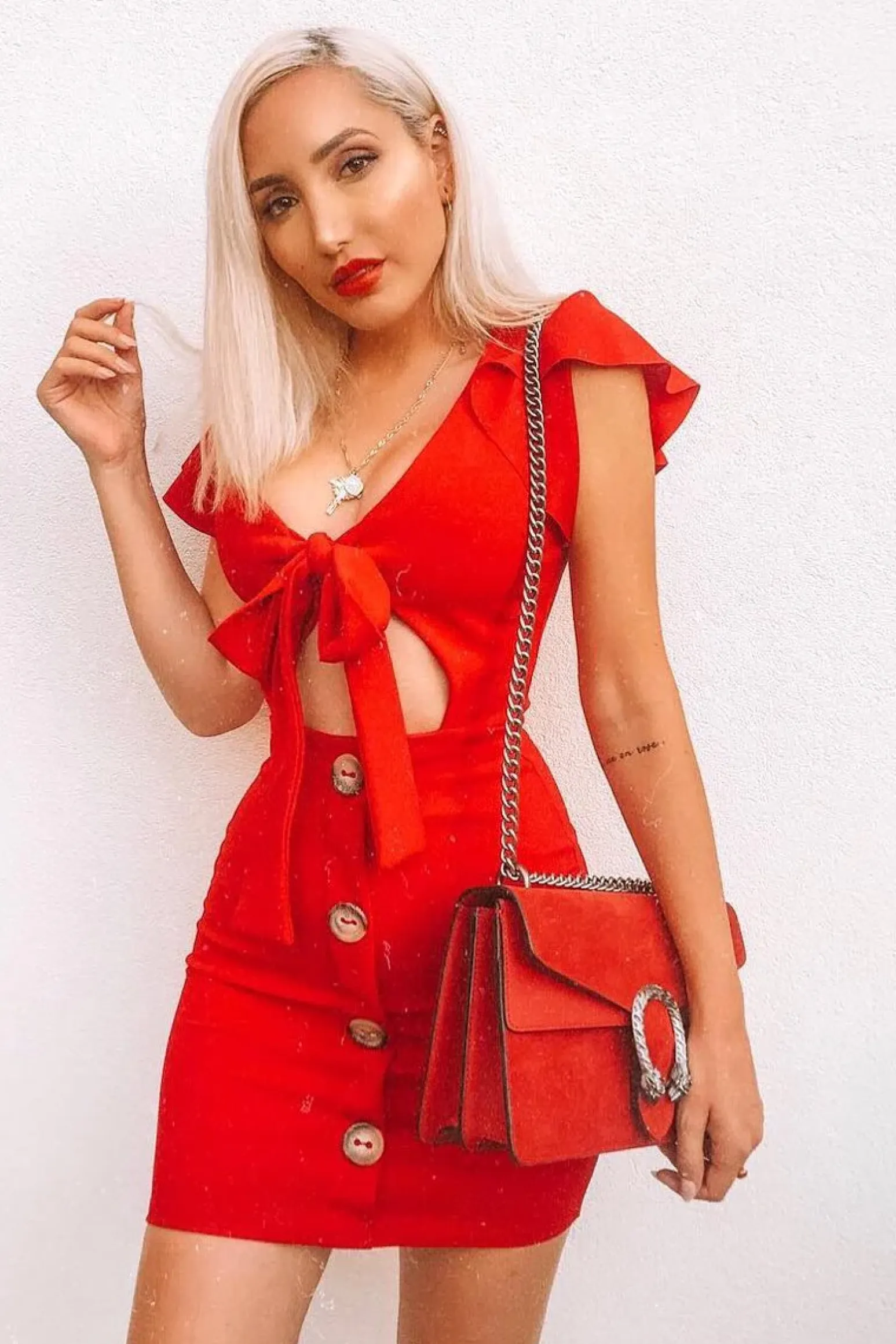 Rebellious Fashion Red Tie Button Front Bodycon Dress - Aaira