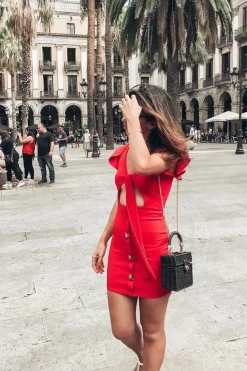 Rebellious Fashion Red Tie Button Front Bodycon Dress - Aaira