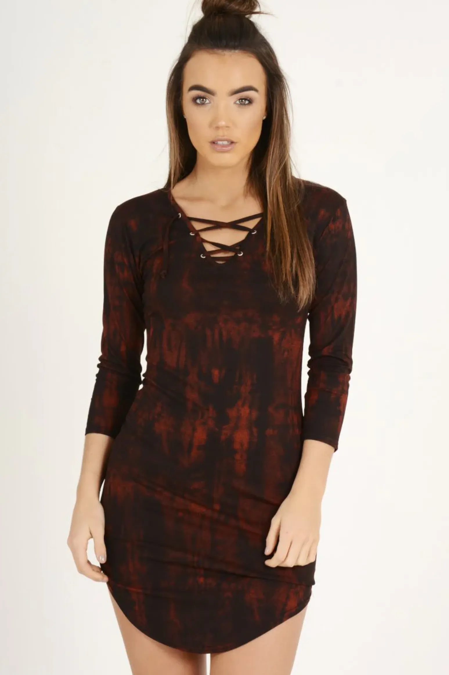 Rebellious Fashion Red Tie Dye Long Sleeve Lace Up Dress - Ismi