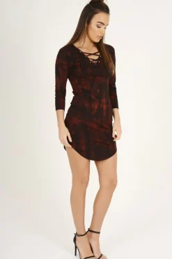 Rebellious Fashion Red Tie Dye Long Sleeve Lace Up Dress - Ismi