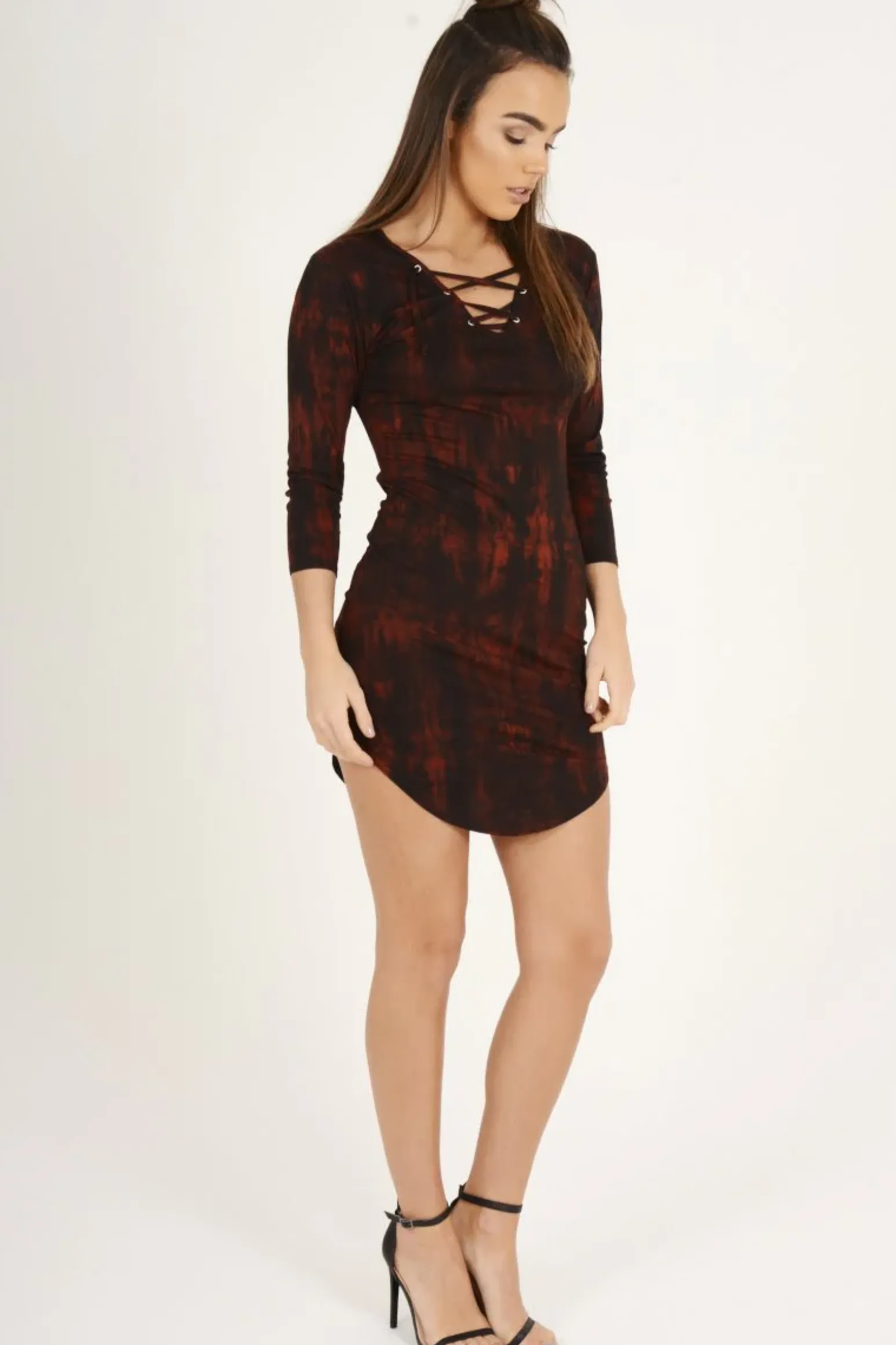 Rebellious Fashion Red Tie Dye Long Sleeve Lace Up Dress - Ismi