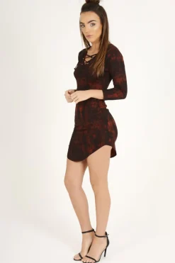 Rebellious Fashion Red Tie Dye Long Sleeve Lace Up Dress - Ismi