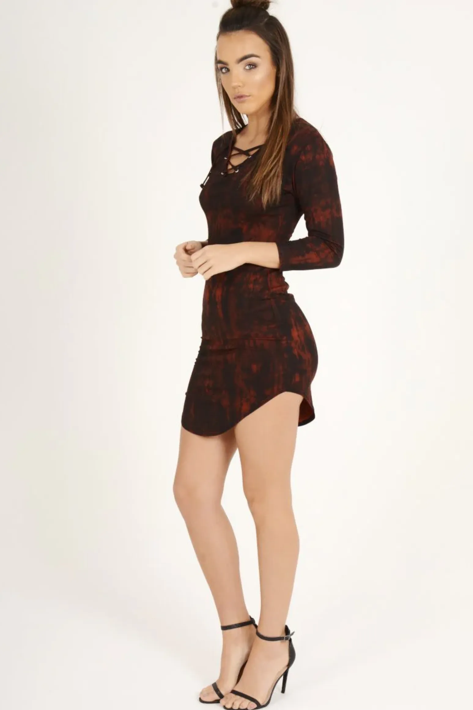 Rebellious Fashion Red Tie Dye Long Sleeve Lace Up Dress - Ismi
