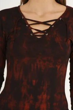 Rebellious Fashion Red Tie Dye Long Sleeve Lace Up Dress - Ismi
