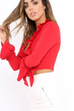 Rebellious Fashion Red Tie Front Bell Sleeve Crop Top - Angelina