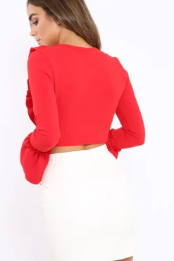 Rebellious Fashion Red Tie Front Bell Sleeve Crop Top - Angelina