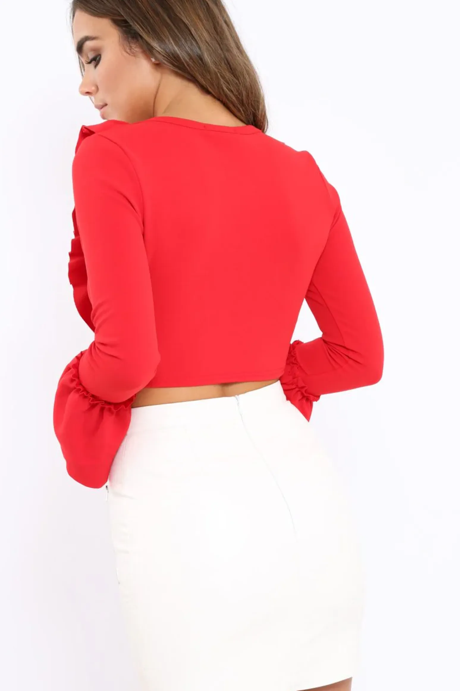 Rebellious Fashion Red Tie Front Bell Sleeve Crop Top - Angelina