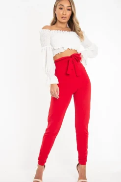 Rebellious Fashion Red Tie Front Crepe Cigarette Trousers - Ryanne