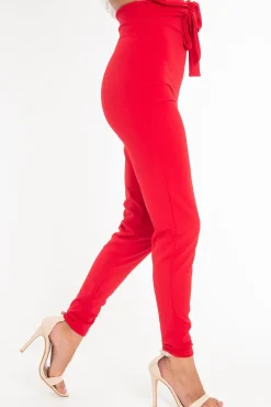 Rebellious Fashion Red Tie Front Crepe Cigarette Trousers - Ryanne