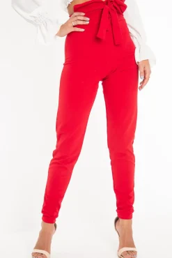 Rebellious Fashion Red Tie Front Crepe Cigarette Trousers - Ryanne