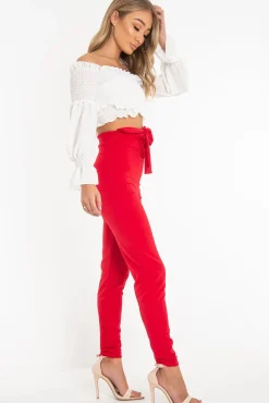 Rebellious Fashion Red Tie Front Crepe Cigarette Trousers - Ryanne