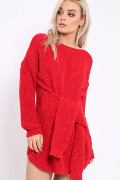 Rebellious Fashion Red Tie Front Knitted Jumper Dress - Harley