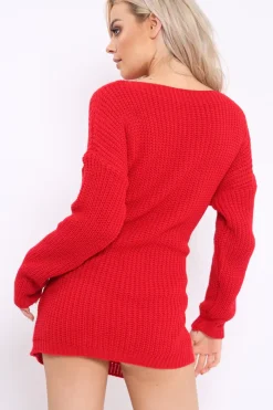 Rebellious Fashion Red Tie Front Knitted Jumper Dress - Harley