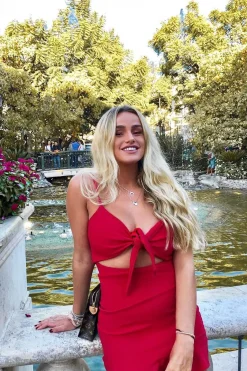 Rebellious Fashion Red Tie Front Ruffle Hem Mini Dress - Darianna