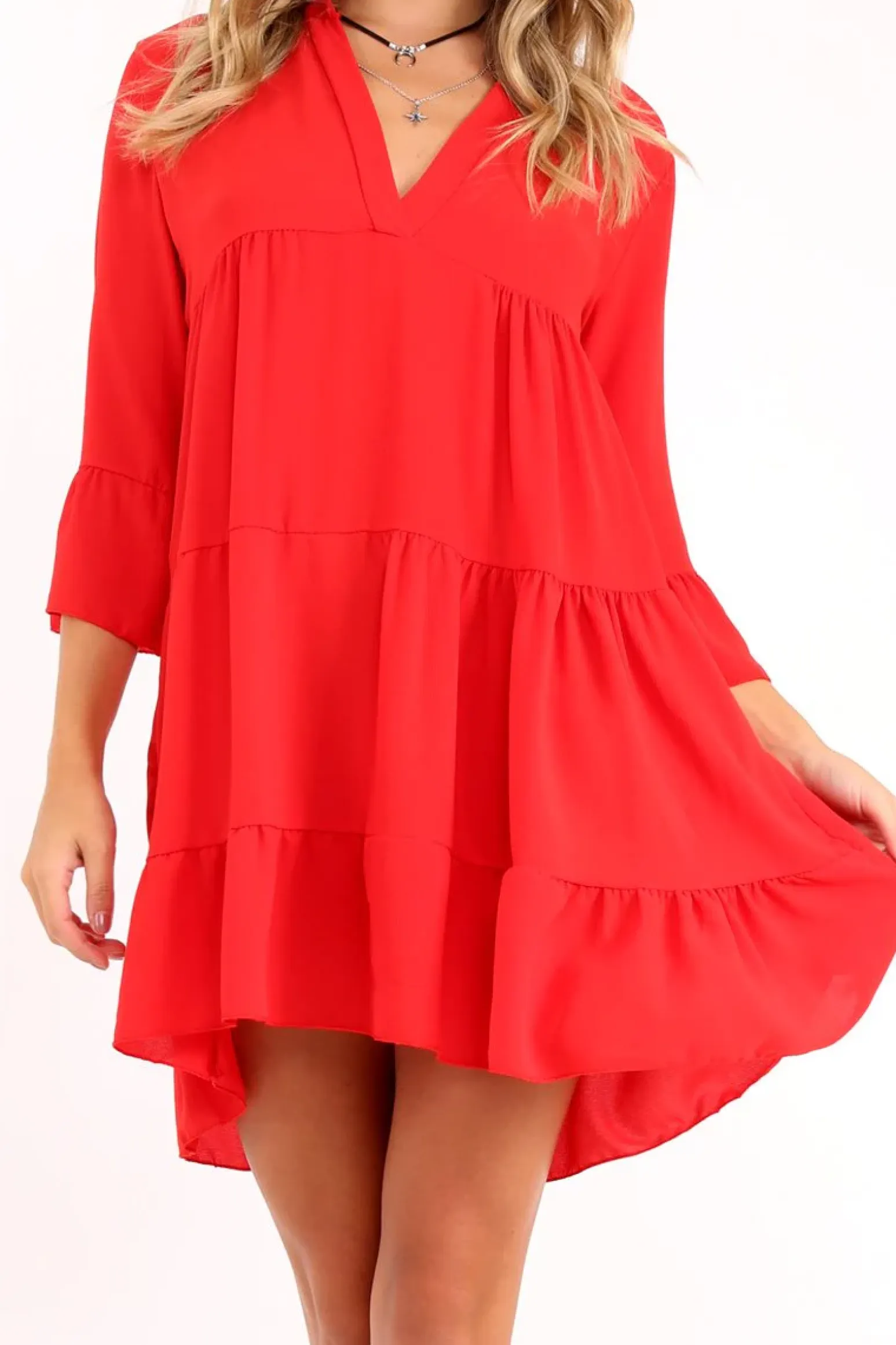 Rebellious Fashion Red Tiered Ruffle Shift Dress - Abri