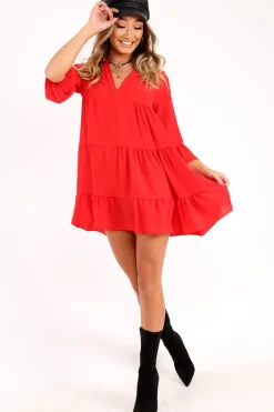 Rebellious Fashion Red Tiered Ruffle Shift Dress - Abri
