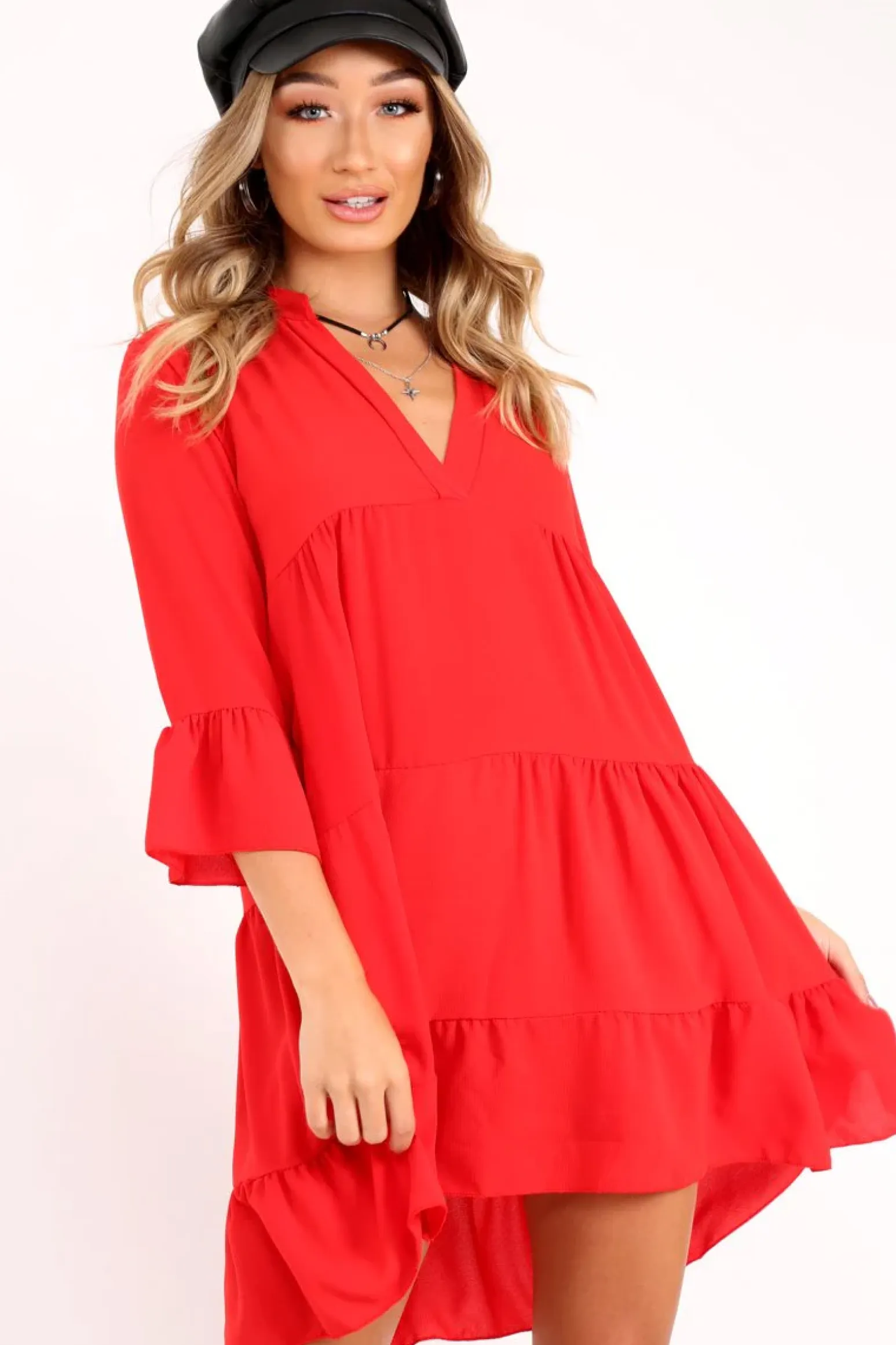 Rebellious Fashion Red Tiered Ruffle Shift Dress - Abri