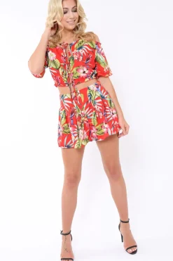 Rebellious Fashion Red Tropical Print Shorts - Florence