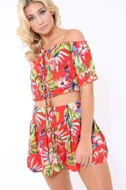 Rebellious Fashion Red Tropical Print Shorts - Florence