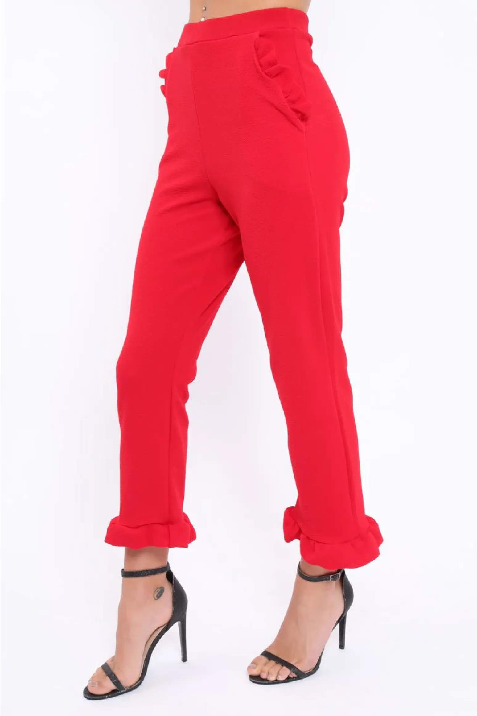 Rebellious Fashion Red Trousers with Frill Detailing - Brayley