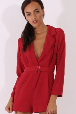 Rebellious Fashion Red Utility Belted Playsuit - Charlee