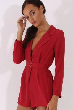 Rebellious Fashion Red Utility Belted Playsuit - Charlee