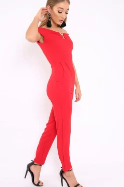 Rebellious Fashion Red V Bardot Jumpsuit - Izzabell