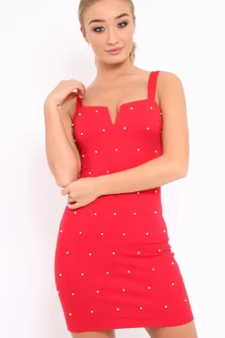 Rebellious Fashion Red V Cut Pearl Bodycon Mini Dress - Sherrie
