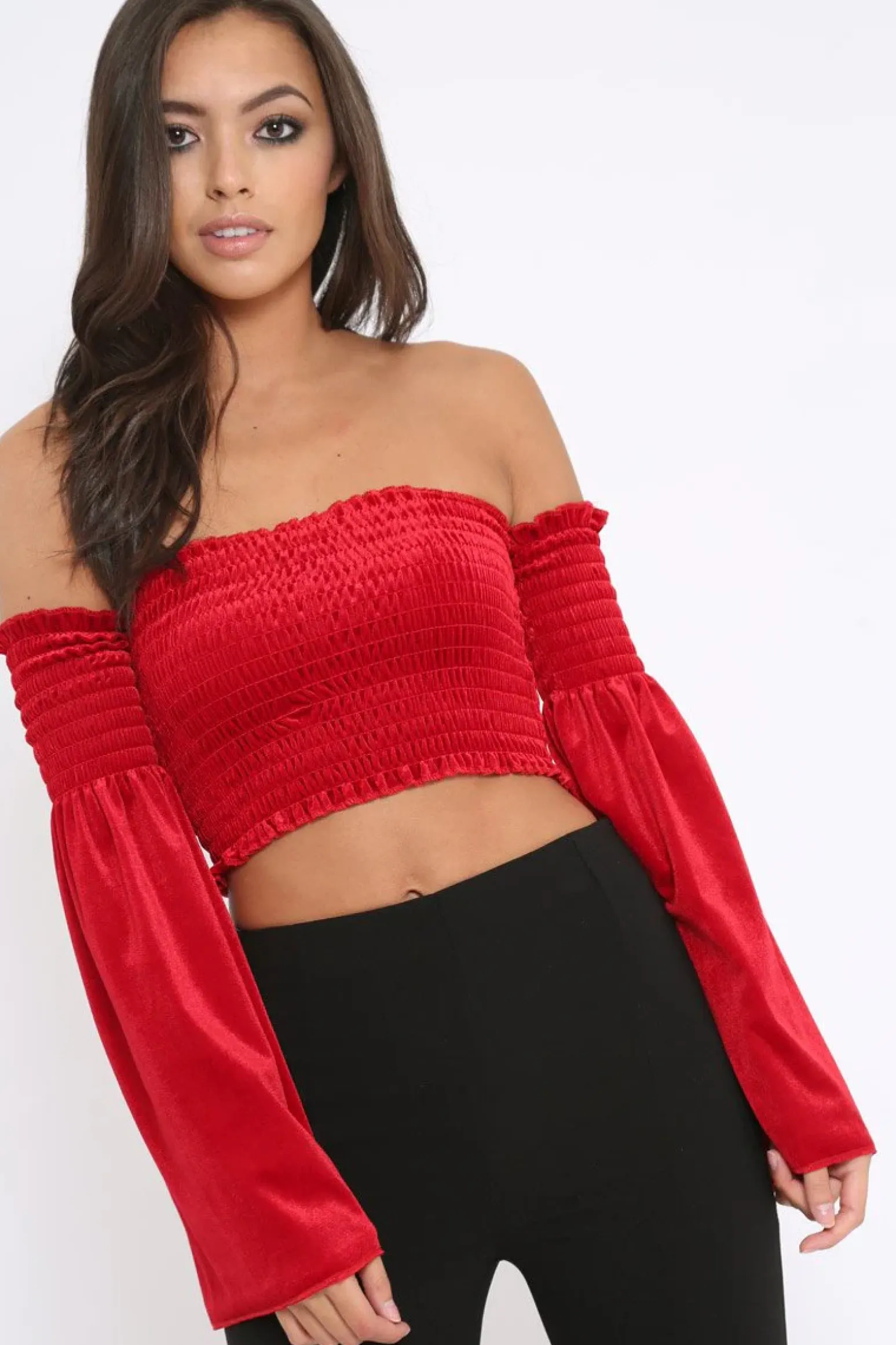 Rebellious Fashion Red Velvet Bardot Shirred Crop Top with Flared Sleeves - Shera