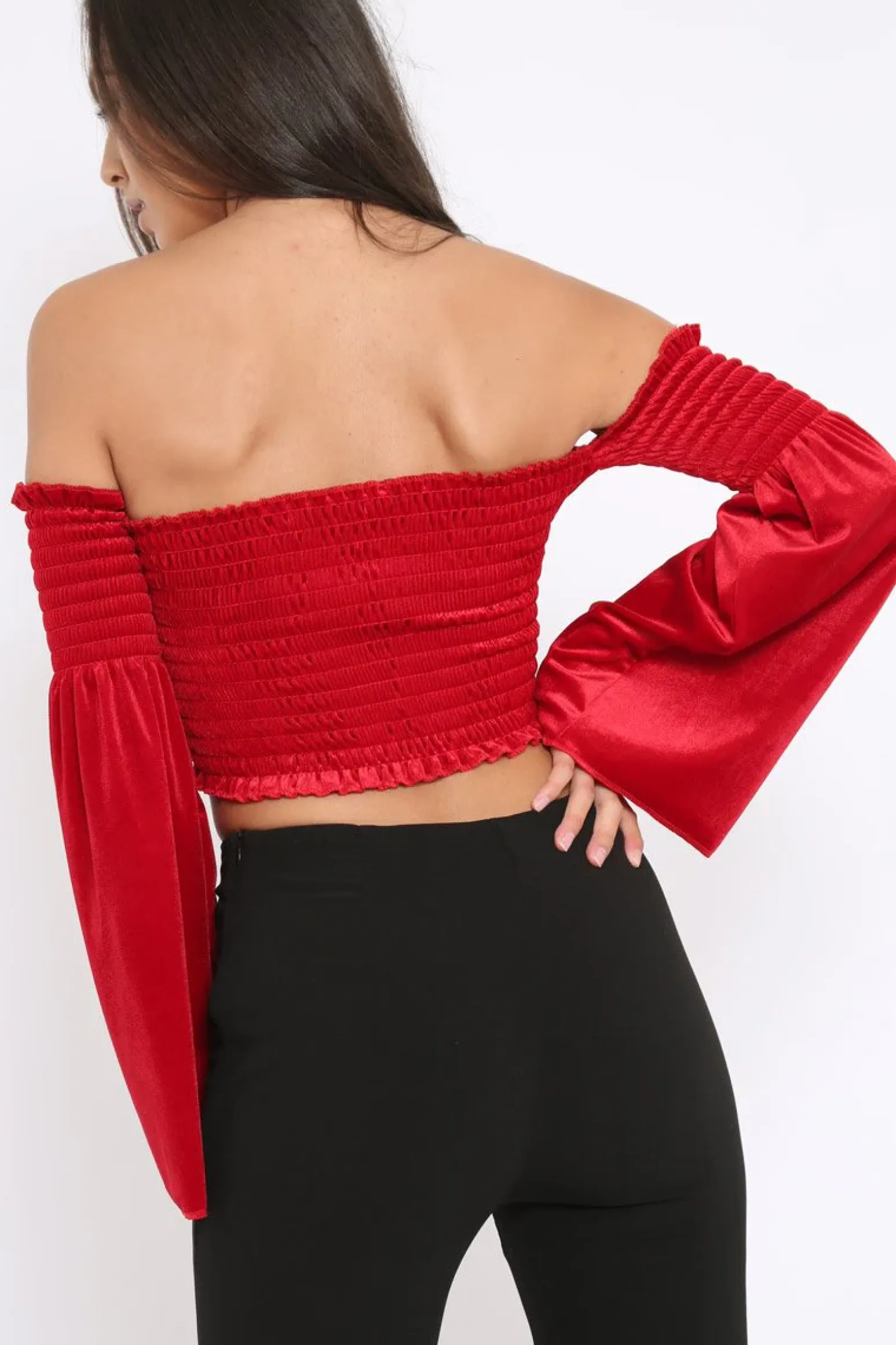 Rebellious Fashion Red Velvet Bardot Shirred Crop Top with Flared Sleeves - Shera