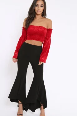 Rebellious Fashion Red Velvet Bardot Shirred Crop Top with Flared Sleeves - Shera