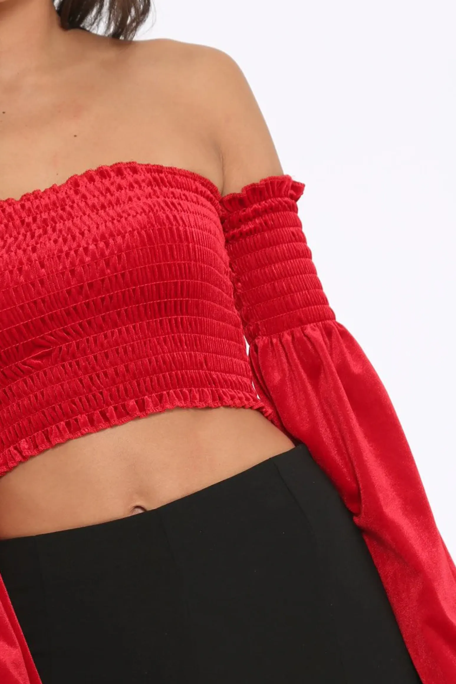 Rebellious Fashion Red Velvet Bardot Shirred Crop Top with Flared Sleeves - Shera