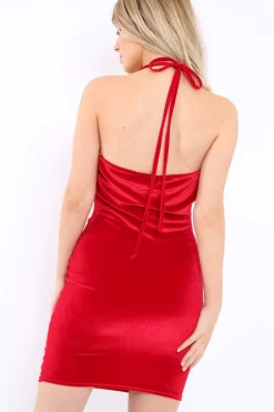 Rebellious Fashion Red Velvet Cowl Neck Mini Dress - Abiona