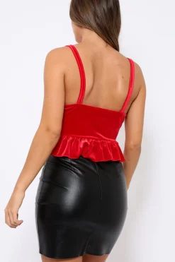 Rebellious Fashion Red Velvet Frill Hem Crop Top - Krissie