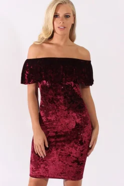 Rebellious Fashion Red Velvet Sparkle Bardot Frill Dress - Bree