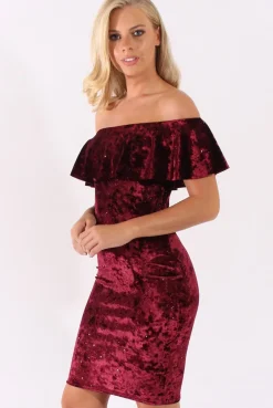 Rebellious Fashion Red Velvet Sparkle Bardot Frill Dress - Bree