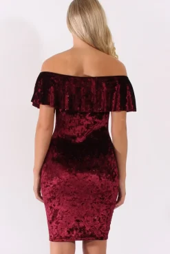 Rebellious Fashion Red Velvet Sparkle Bardot Frill Dress - Bree