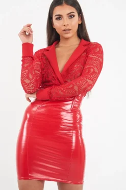Rebellious Fashion Red Vinyl Bodycon Midi Skirt - Kemani