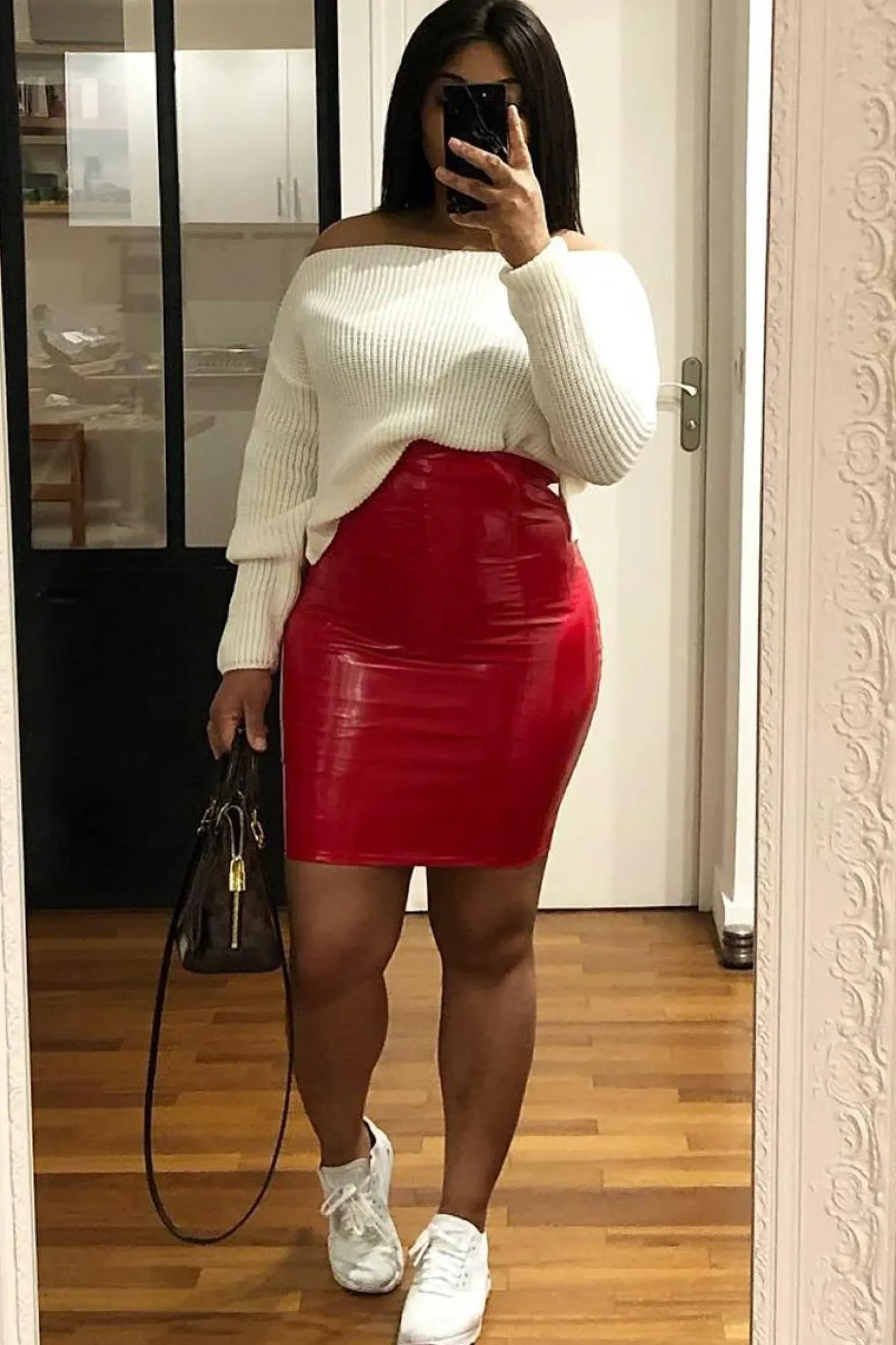 Rebellious Fashion Red Vinyl Bodycon Midi Skirt - Kemani