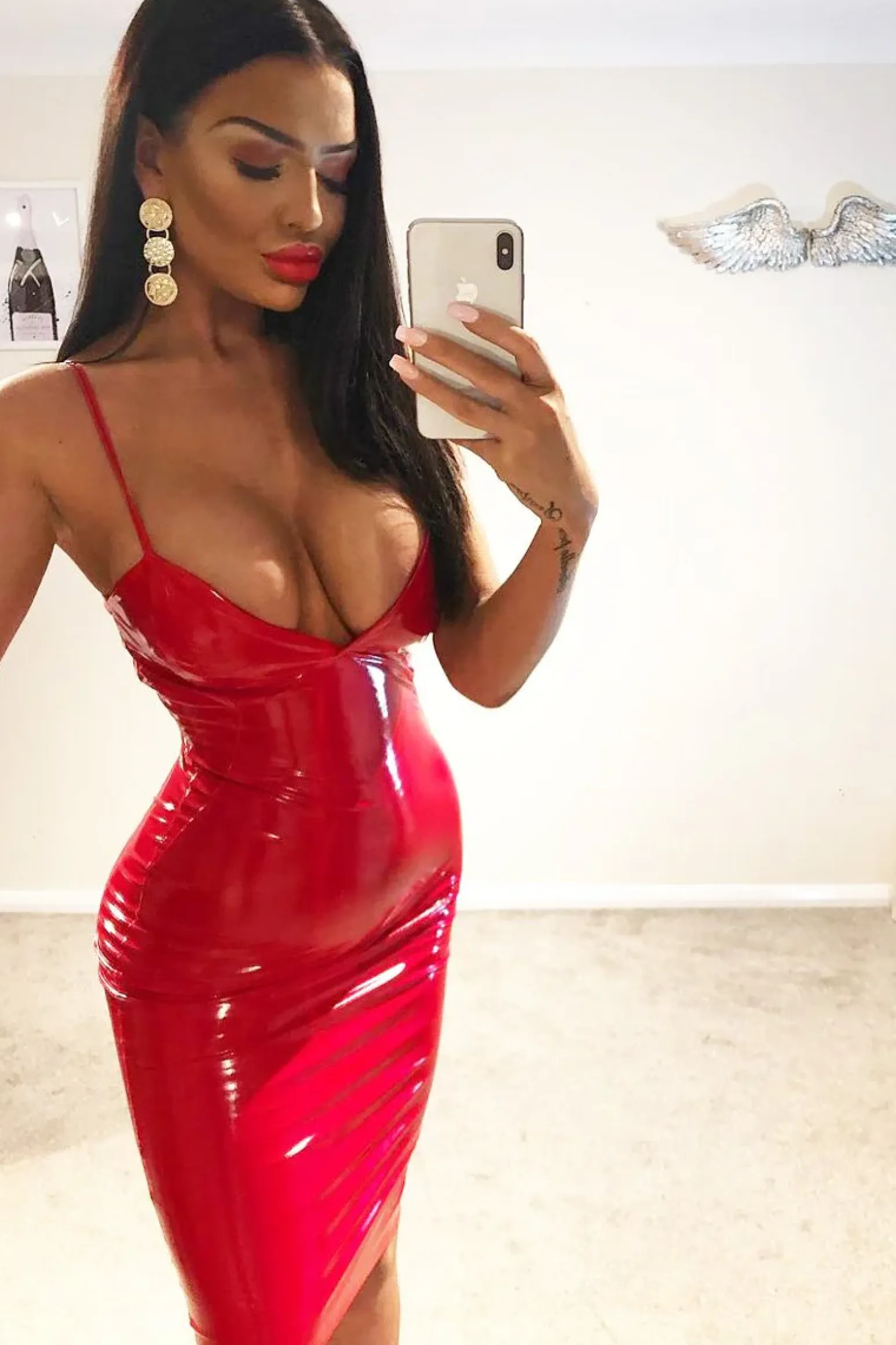 Rebellious Fashion Red Vinyl Plunge Midi Dress - Manuela