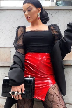 Rebellious Fashion Red Vinyl Split Side Mini Skirt - Keagan