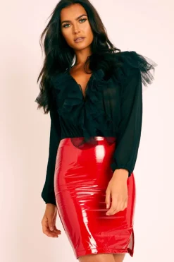 Rebellious Fashion Red Vinyl Split Side Mini Skirt - Keagan