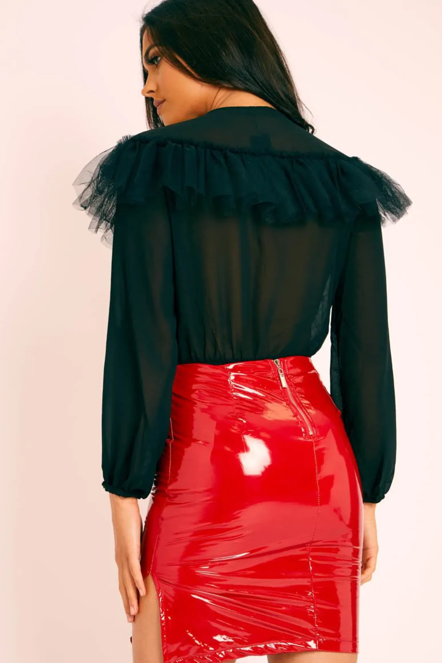 Rebellious Fashion Red Vinyl Split Side Mini Skirt - Keagan
