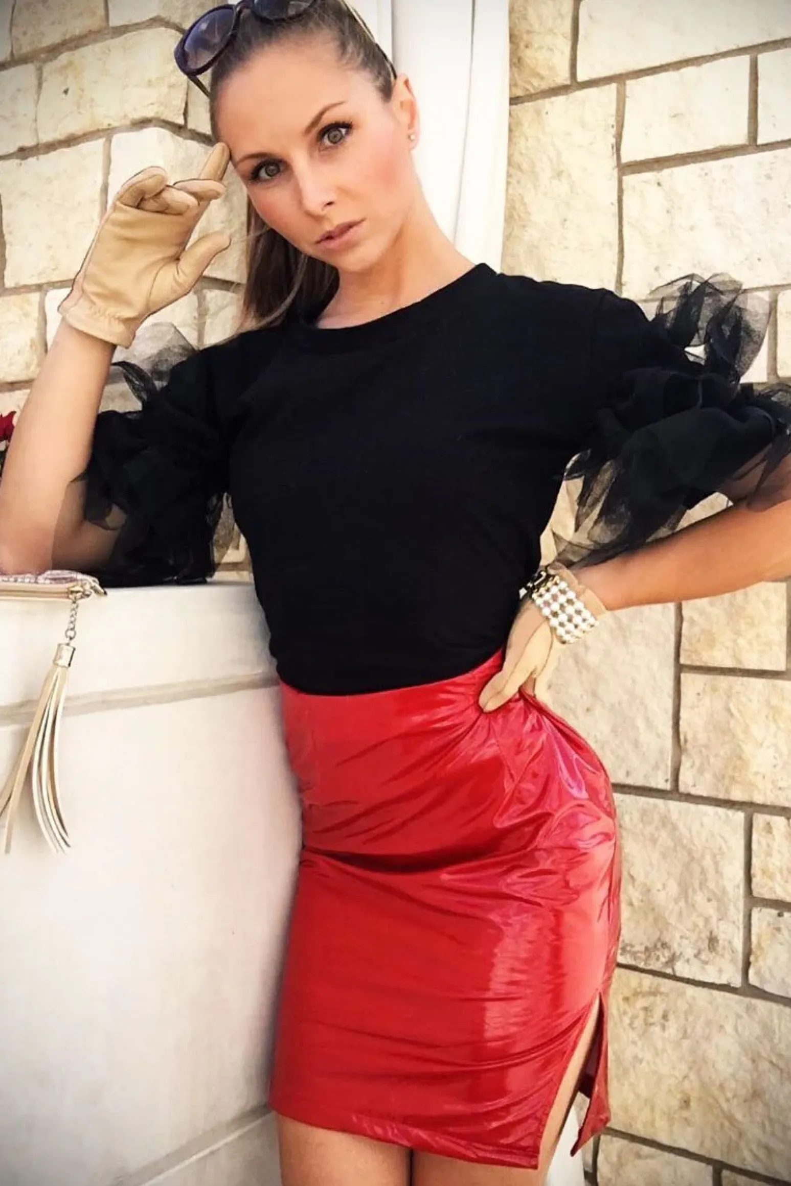 Rebellious Fashion Red Vinyl Split Side Mini Skirt - Keagan