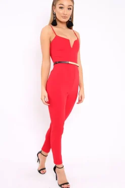 Rebellious Fashion Red V- Plunge Gold Belt Jumpsuit -Izela